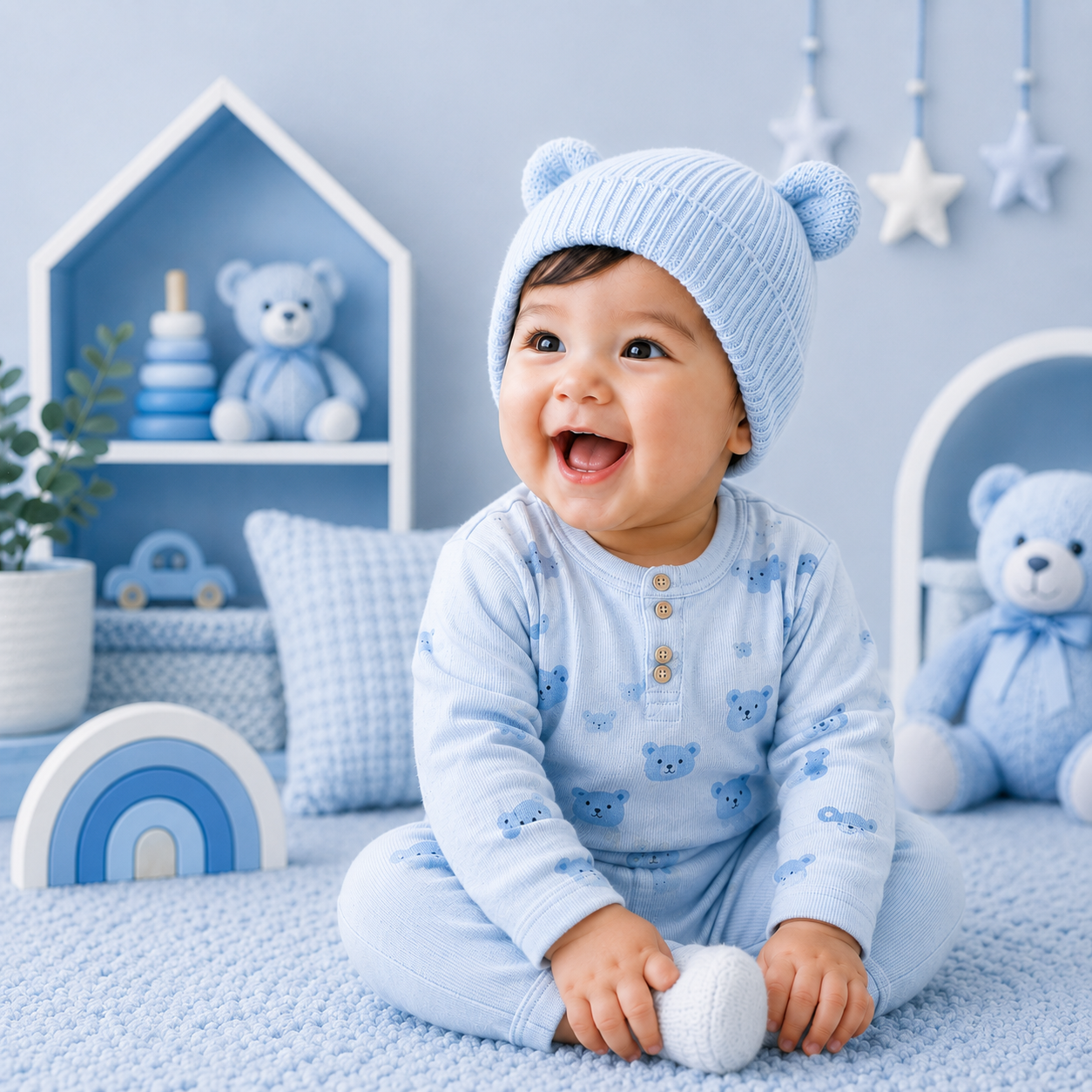 Smiling baby in cosy knitwear