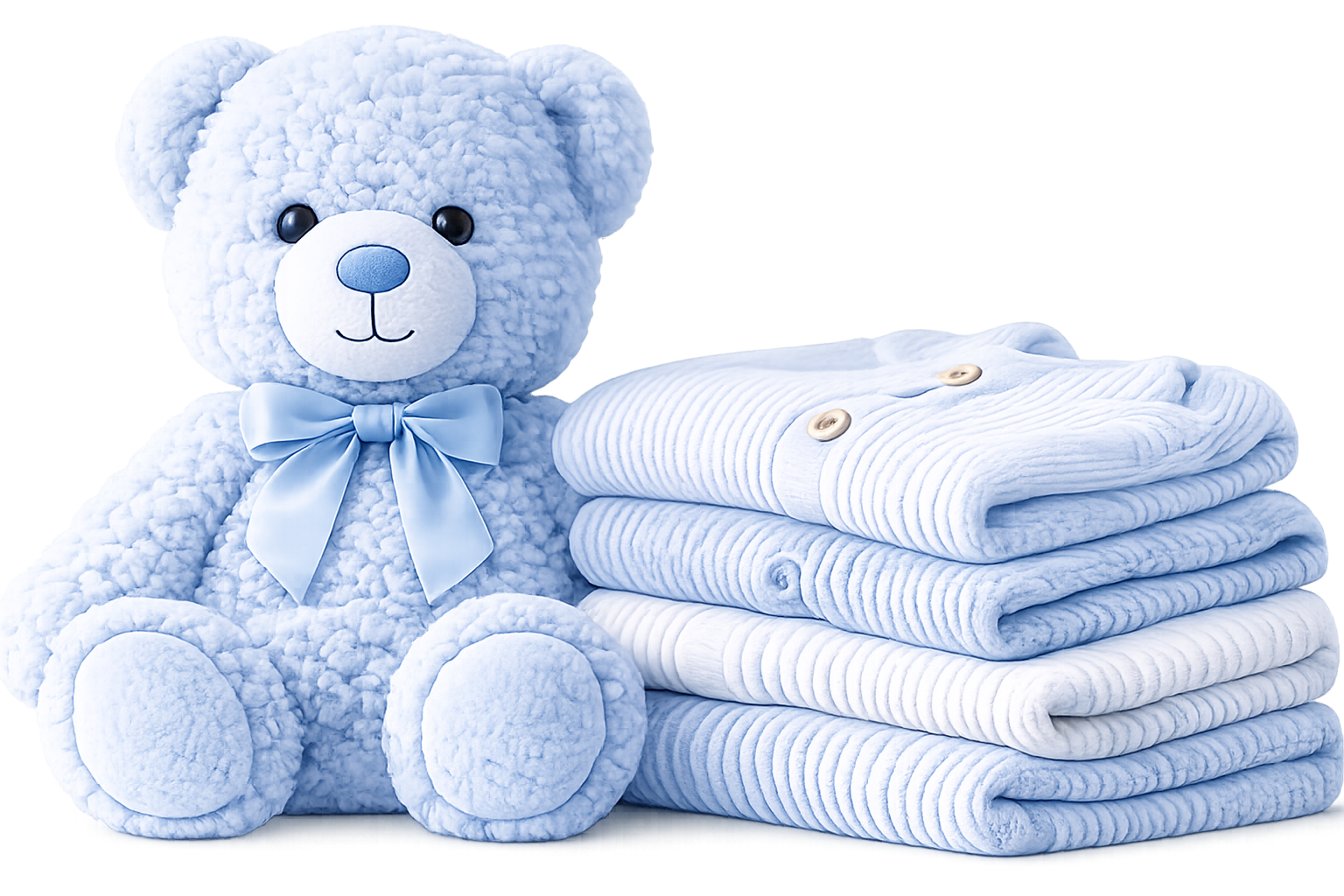 Teddy bear beside neatly folded kids clothing